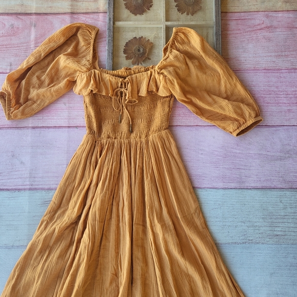 Free People Orange Oasis Smocked Ruffle Cotton Boho A-line Midi Dress XS - Picture 7 of 10